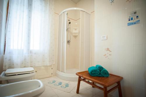 y baño con ducha, aseo y mesa. en Hotel Villa Belfiori, en Torre dei Corsari