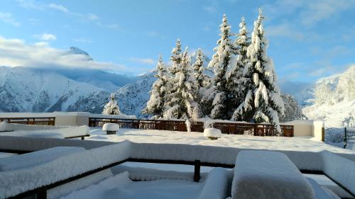 uma neve coberta pátio com árvores cobertas de neve e montanhas em Studio avec jardin et garage, à 100m d'une piste em Les Deux Alpes