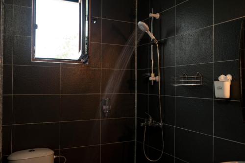 a black tiled bathroom with a shower with a window at Alfa Guest House - Free Parking in Varna City
