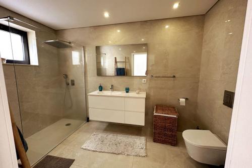 a bathroom with a sink and a toilet and a shower at Magnifique Villa avec piscine chauffée 