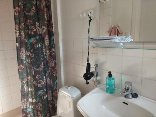 łazienka z umywalką i zasłoną prysznicową w obiekcie Nostalgista majoittumista Taiteilijatalo Taideniityn Auringossa tai Niityssä w mieście Varkaus