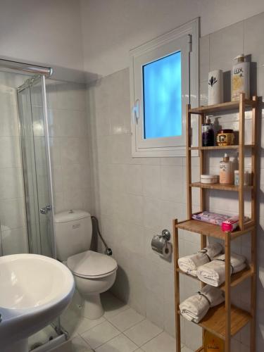 a bathroom with a toilet and a sink and a shower at Perdika's Nest, family friendly house by the sea in Perdika