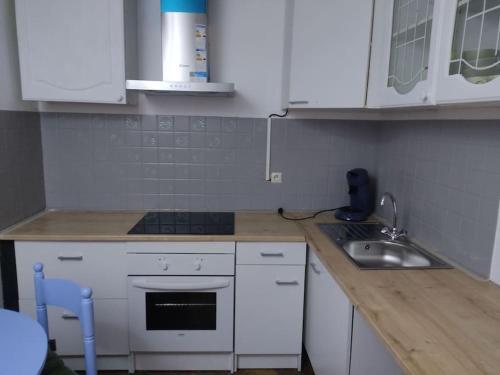 eine kleine Küche mit weißen Schränken und einem Waschbecken in der Unterkunft Petite maison de village in Puylaurens