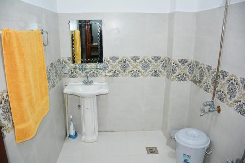 a bathroom with a sink and a toilet and a mirror at Khyber Guest House Swat in Saidu