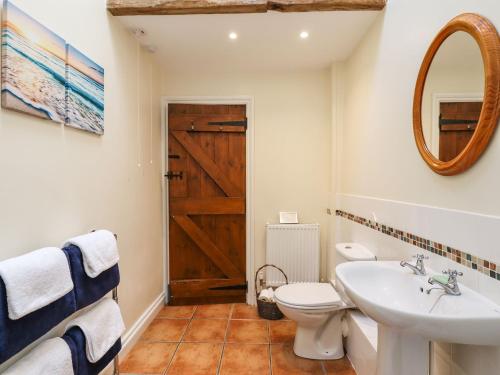 巴恩斯特珀爾的住宿－Ridge Cottage，一间带水槽、卫生间和镜子的浴室
