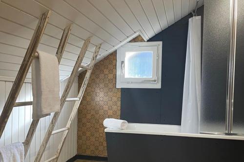 łazienka z drabiną, prysznicem i oknem w obiekcie 5.5-room apartment (Muntaluna Lodge) w mieście Valens