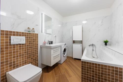 布布拉瓦的住宿－Apartmanovy dům Bublajda，浴室配有盥洗盆、卫生间和盥洗盆。