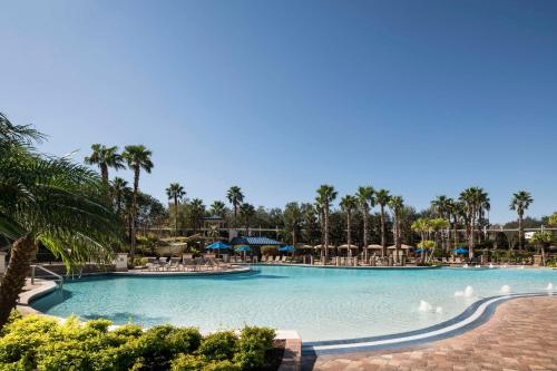 ein Pool in einem Resort mit Schwänen im Wasser in der Unterkunft Hyatt Regency Orlando in Orlando