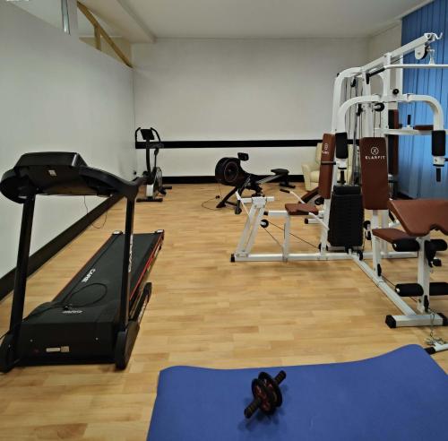 einen Fitnessraum mit Laufband und anderen Geräten in einem Zimmer in der Unterkunft Hôtel Terminus - Pizzeria Pizz'a gogo - salle de sport - face à la gare in Lons-le-Saunier