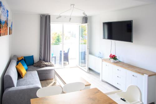 a living room with a couch and a tv at Apartament Rodzinny in Lesko