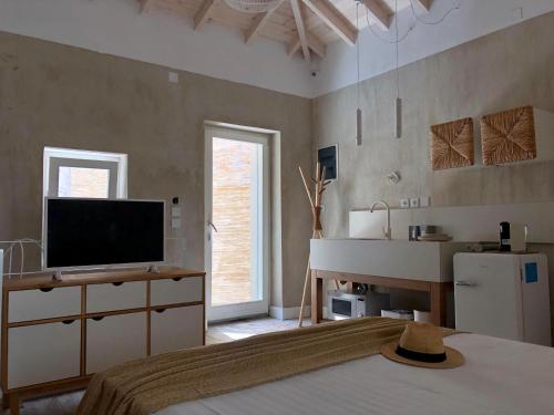 a bedroom with a bed and a television and a sink at Synoikies by Oikieskiathos in Skiathos