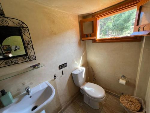 un bagno con lavandino, water e specchio di Maison d´hôtes Amazir a Ouzoud