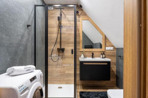 W łazience znajduje się prysznic i umywalka. w obiekcie Góralska Strefa Domki & SPA w mieście Kościelisko