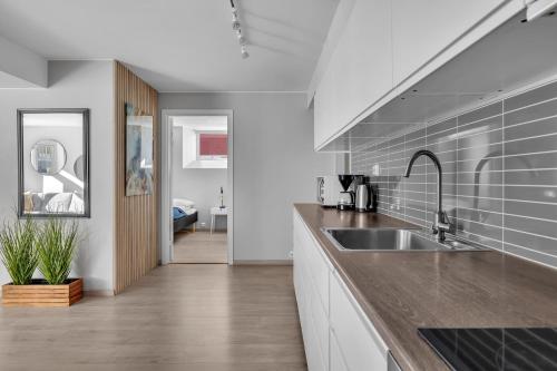a kitchen with a sink and a counter at Arctic Homes - The Aurora Retreat in Tromsø