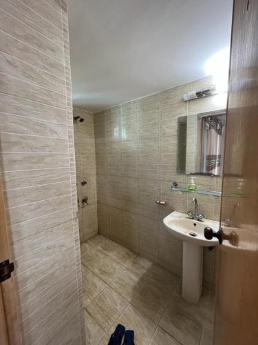 een badkamer met een wastafel en een douche met een spiegel bij Private Room near Istanbul Airport 5 in Arnavutköy
