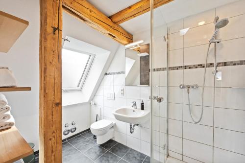 a bathroom with a shower and a toilet and a sink at Sali Homes- Penthouse in Obersulm