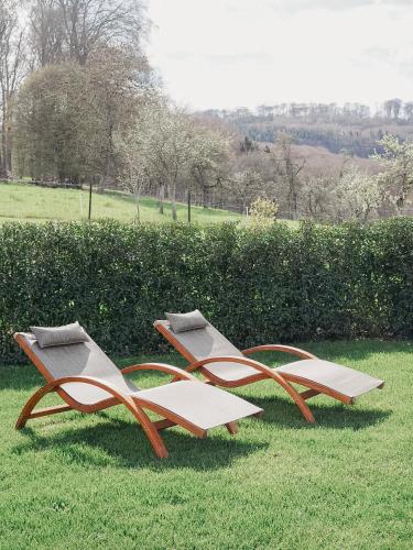 dwie ławki siedzące na trawie na polu w obiekcie Appartement Meyer-Ernzen w mieście Echternach