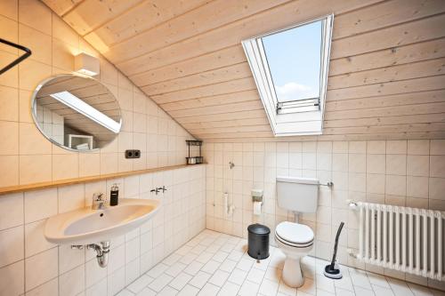 a bathroom with a sink and a toilet and a window at Sali Homes - SchaefersNest in Obersulm