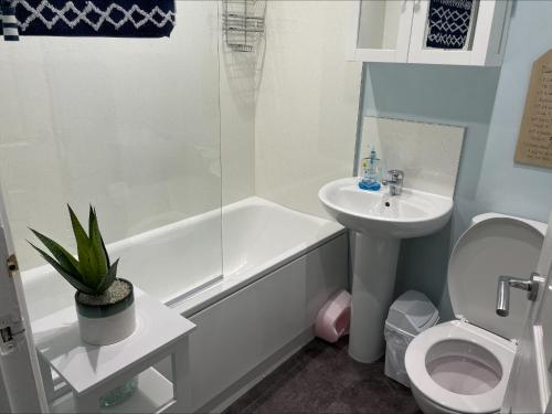 y baño con aseo, lavabo y ducha. en Seaview Apartment with parking, en Exmouth