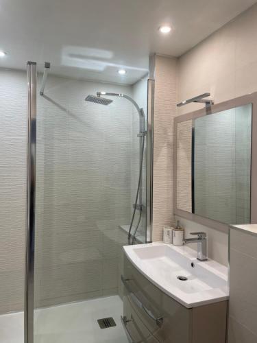 a bathroom with a glass shower and a sink at Appartement neuf près de la mer in Nice