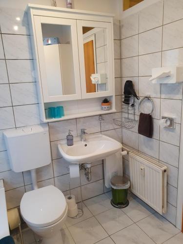 a bathroom with a toilet and a sink at Ferienwohnung am Stadion Bochum Grumme in Bochum