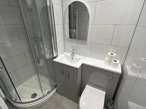uma casa de banho com um chuveiro, um WC e um lavatório. em 5 Bed Camberley Airport Accommodation em Camberley