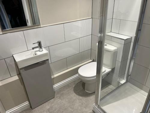a bathroom with a toilet and a sink at 5 Bed Camberley Airport Accommodation in Camberley