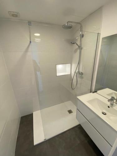 a white bathroom with a shower and a sink at Les oursins-appartement 3pièces, 4 couchages et parking gratuit in Metz