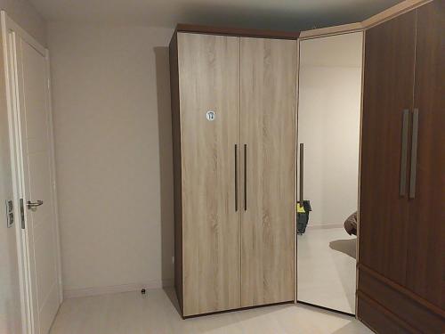 - un grand meuble en bois dans le salon dans l'établissement Apartment in Saint-Genis, à Saint-Genis-Pouilly