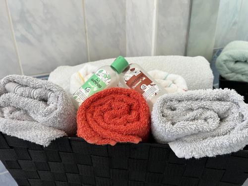 - un panier rempli de serviettes et d'autres articles de toilette dans l'établissement Las Sorbes - T3 - Spacieux lumineux, climatisé, à Montpellier