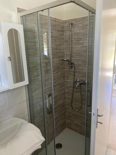 a shower with a glass door in a bathroom at GreenHouse del lago in Viverone