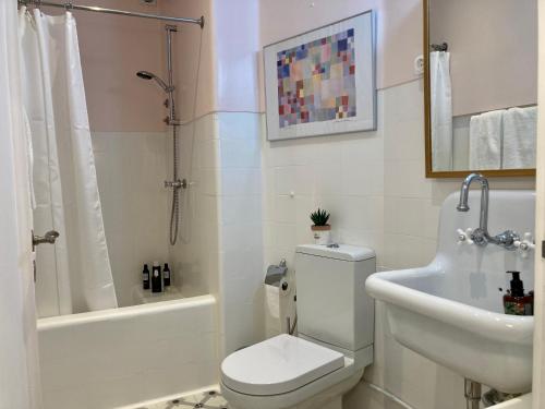 Un baño con inodoro, lavabo y ducha. en Quiet Studio with garden 8 Min from Beach, en Estoril
