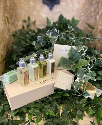 a group of four bottles of soap on a box at Wellness Pension Ametyst in Český Krumlov