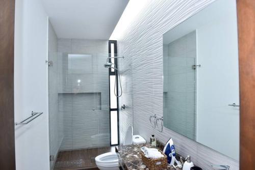 a bathroom with a shower and a toilet and a mirror at Casa con Vista al Cielo in Aguascalientes