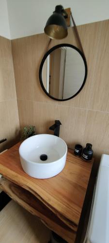 a bathroom with a white sink and a mirror at Janus Casa nel Verde - Relax Pool & Spa in Giano Vetusto