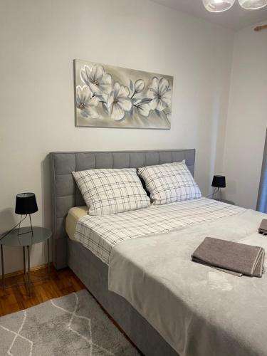 1 dormitorio con 1 cama y una pintura en la pared en Apartman ANA, en Vrlika