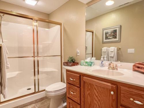 a bathroom with a shower and a sink and a toilet at Lake Front 2BR Walk-In with Large Deck - FREE TICKETS INCLUDED - 79-1 in Branson