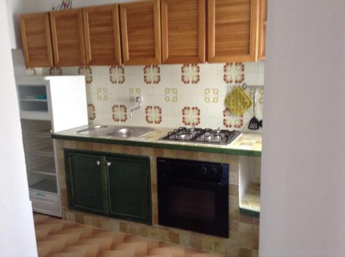 una cucina con armadi verdi, piano cottura e lavandino di Casa SILVIO a Sesta Godano