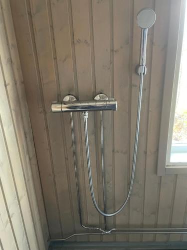a shower in a bathroom with a hose at Kesämökki Tanela in Leppälahti