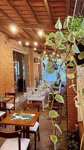 a plant in a restaurant with tables and chairs at Hotel Rio in Guarujá