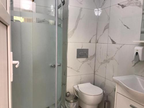 a bathroom with a shower and a toilet and a sink at Can Butik Otel in Ardeşen