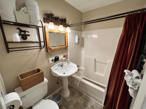 a bathroom with a sink and a toilet and a tub at Historic Branson Hotel - Horseshoe Room with King Bed - Downtown - FREE TICKETS INCLUDED in Branson
