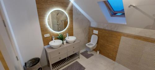 a bathroom with a sink and a mirror at Matei Apartments in Baia Mare