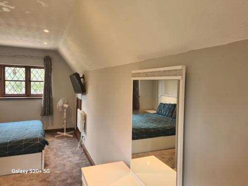 1 dormitorio con 2 camas y espejo en The Reading whole apartment with private lake and gardens en Reading