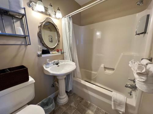a bathroom with a sink and a shower and a toilet at Historic Branson Hotel - Serendipity Room with Queen Bed - Downtown - FREE TICKETS INCLUDED in Branson