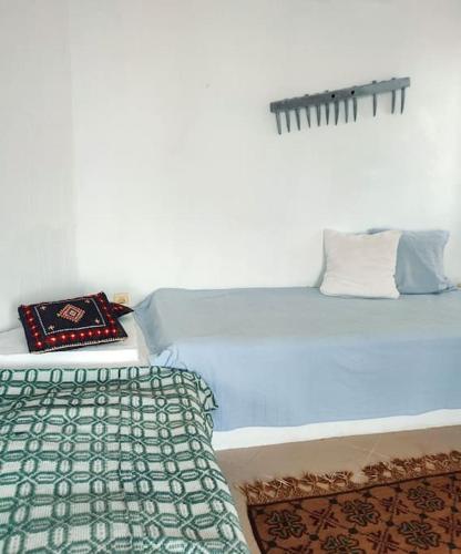 Un dormitorio con una cama azul con una manta. en ksevni house garden, en Alyki