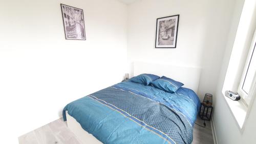 una camera con letto blu e 2 cuscini di Charmant deux pièces centre Cantimpré3 a Cambrai