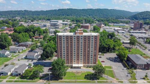 an overhead view of a large building in a city at Charming Micro studio in Gadsden, AL in Gadsden