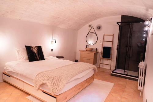 une chambre avec un grand lit et une salle de bain dans l'établissement Hôtel particulier 123m² centre historique Avignon., à Avignon