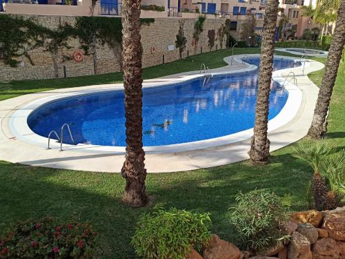 uma piscina com palmeiras num quintal em Apartamento Almar - Piscina climatizada em Mojácar